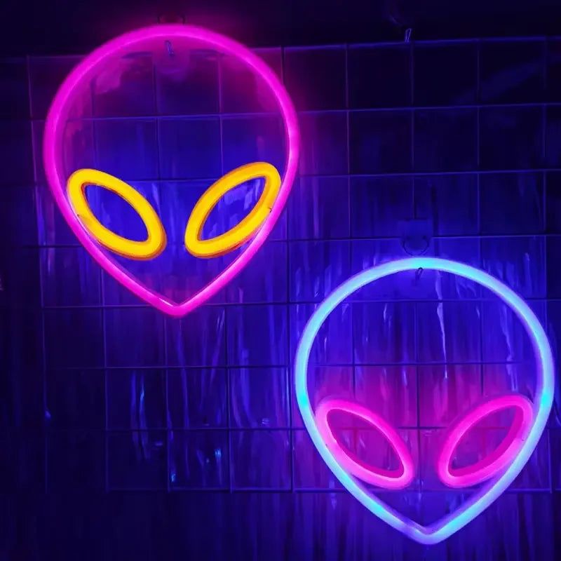 Two Y2K Alien LED Signs, On black wall
