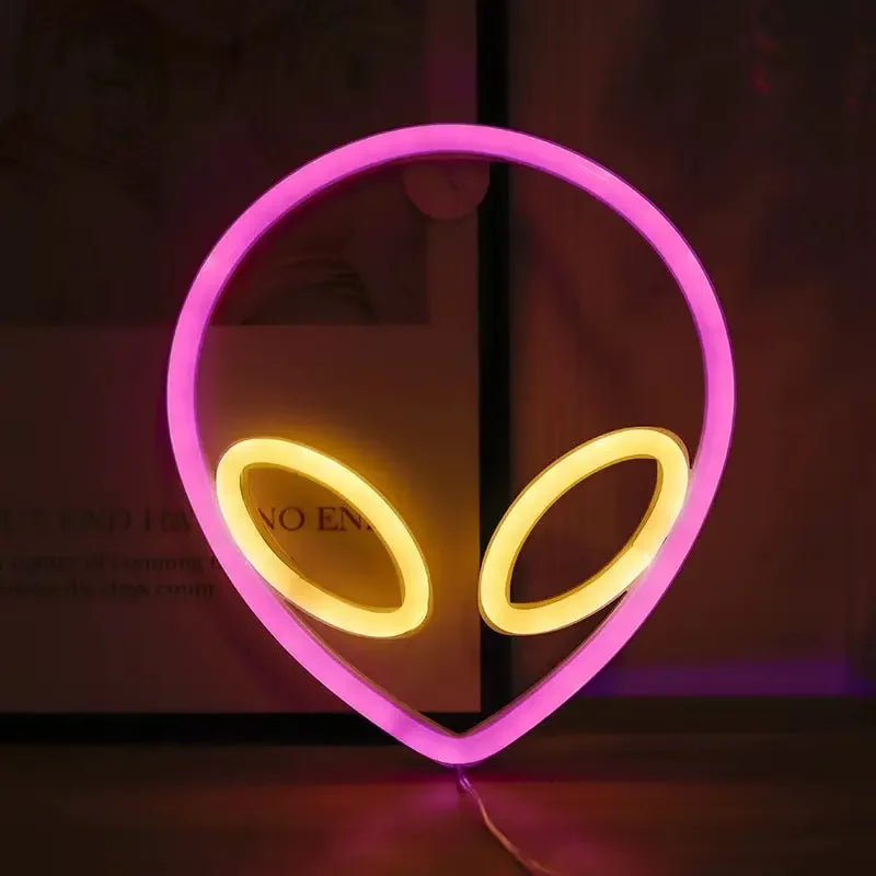 Y2K Alien LED Sign For Dorm Room, on Brown Wall