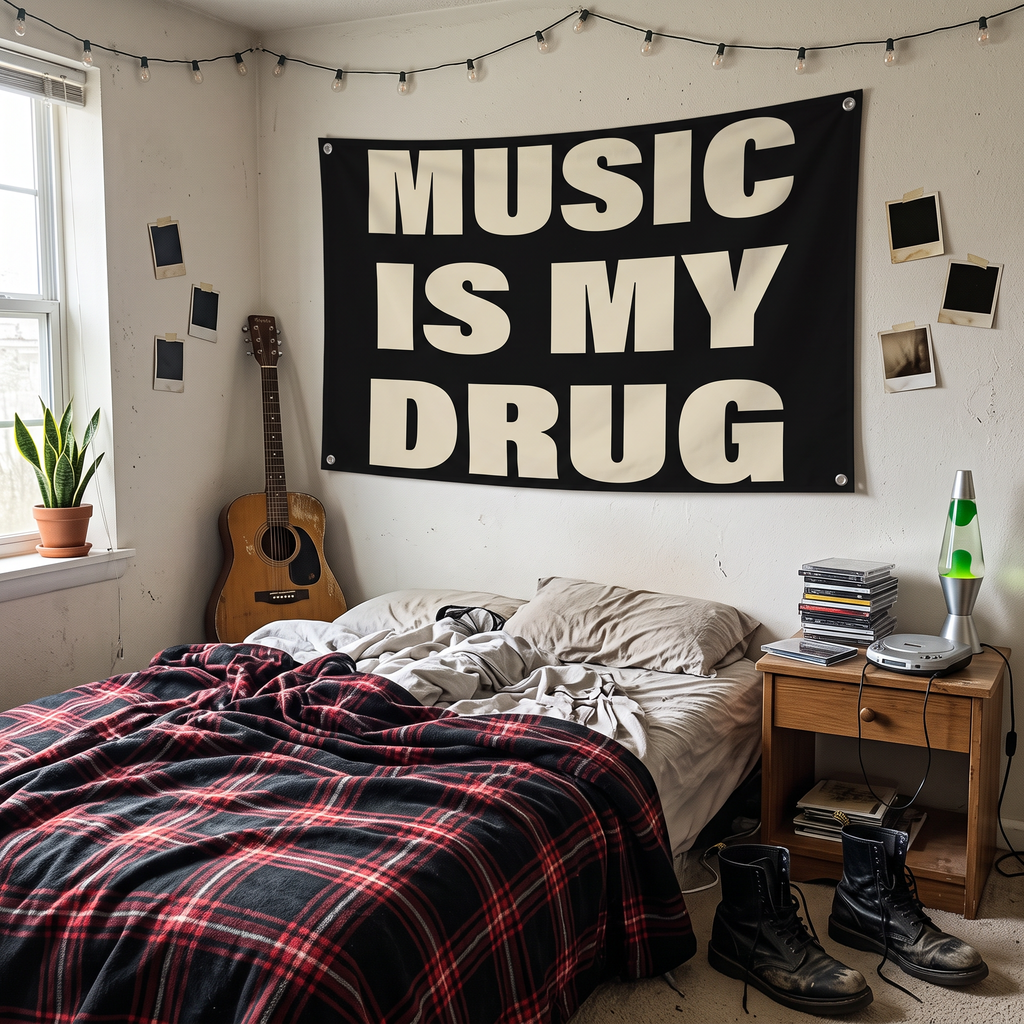 Music Is My Drug Tapestry styled in a lived-in Y2K grunge bedroom