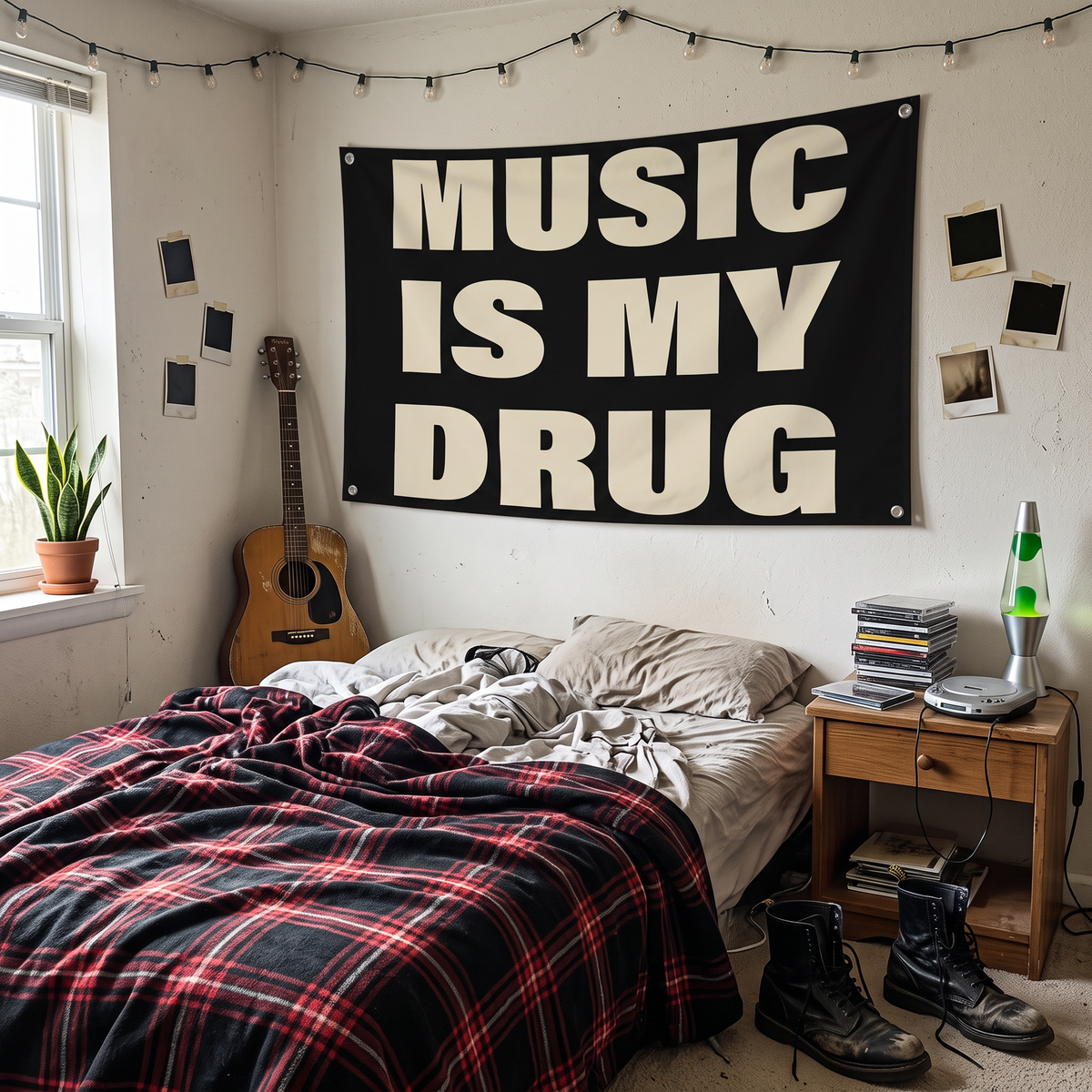 Music Is My Drug Tapestry styled in a lived-in Y2K grunge bedroom