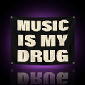 Music Is My Drug Tapestry – studio product shot on dark background with purple glow