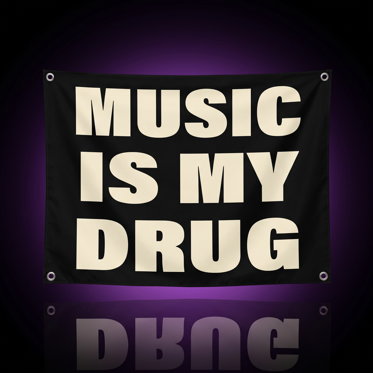 Music Is My Drug Tapestry – studio product shot on dark background with purple glow