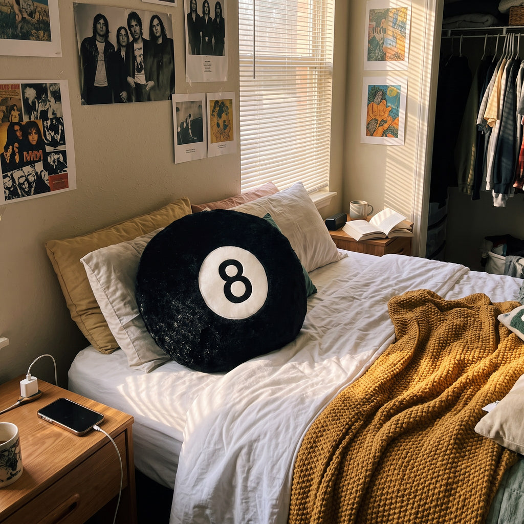 Y2K 8 Ball Pillow styled in a lived-in Y2K room