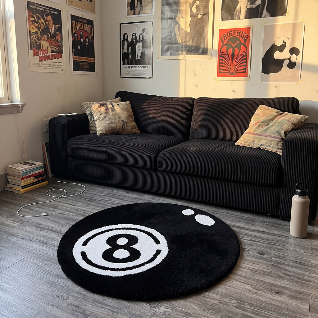 Y2K 8 Ball Rug styled in a lived-in Y2K room
