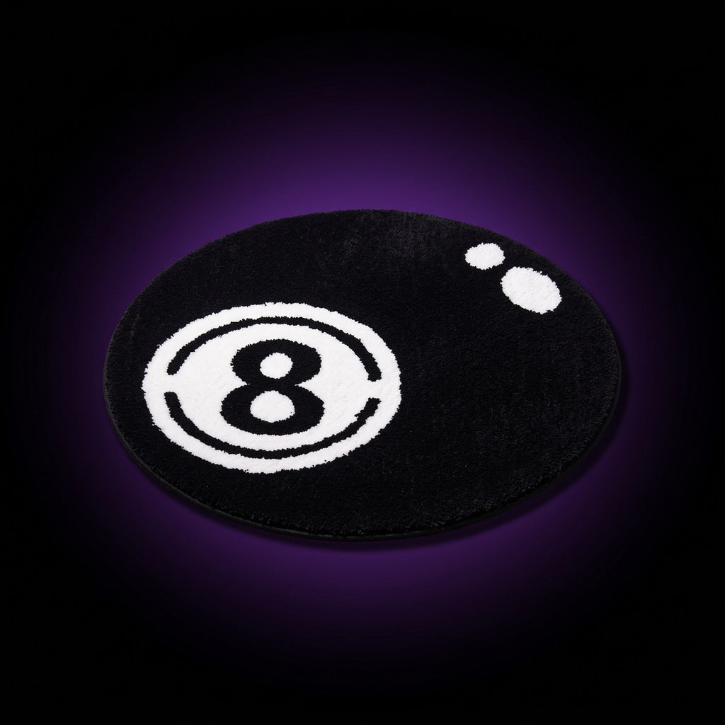 Y2K 8 Ball Rug – studio product shot on dark background with purple glow