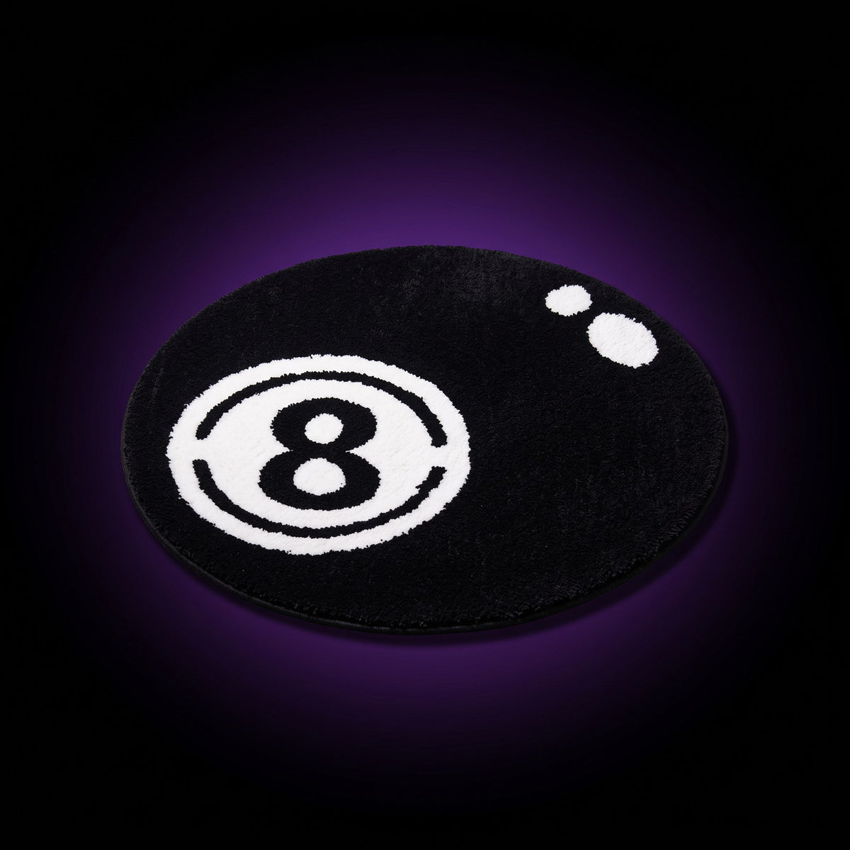 Y2K 8 Ball Rug – studio product shot on dark background with purple glow