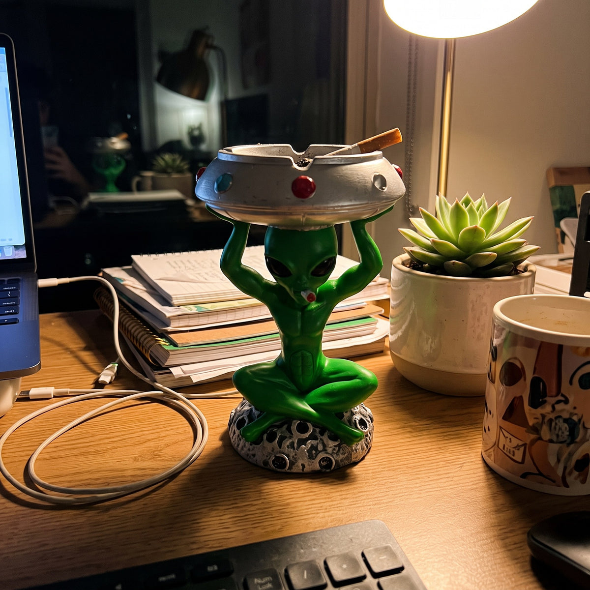 Y2K Alien Ashtray styled in a lived-in Y2K room