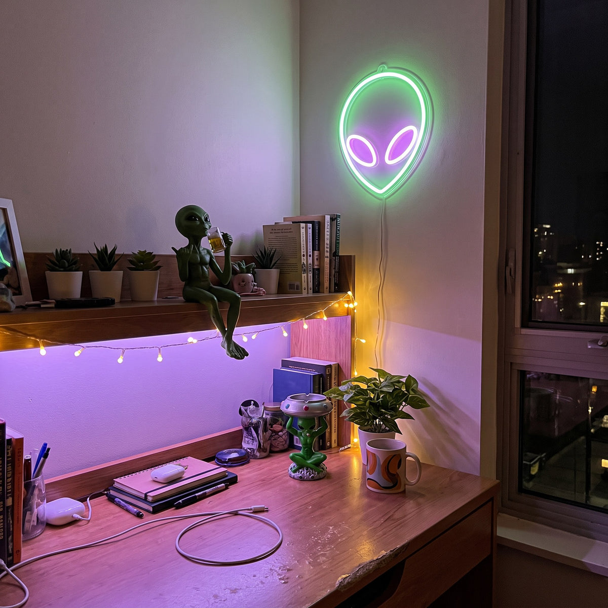 Y2K Alien Invasion Bundle styled on a desk and shelf in a lived-in room
