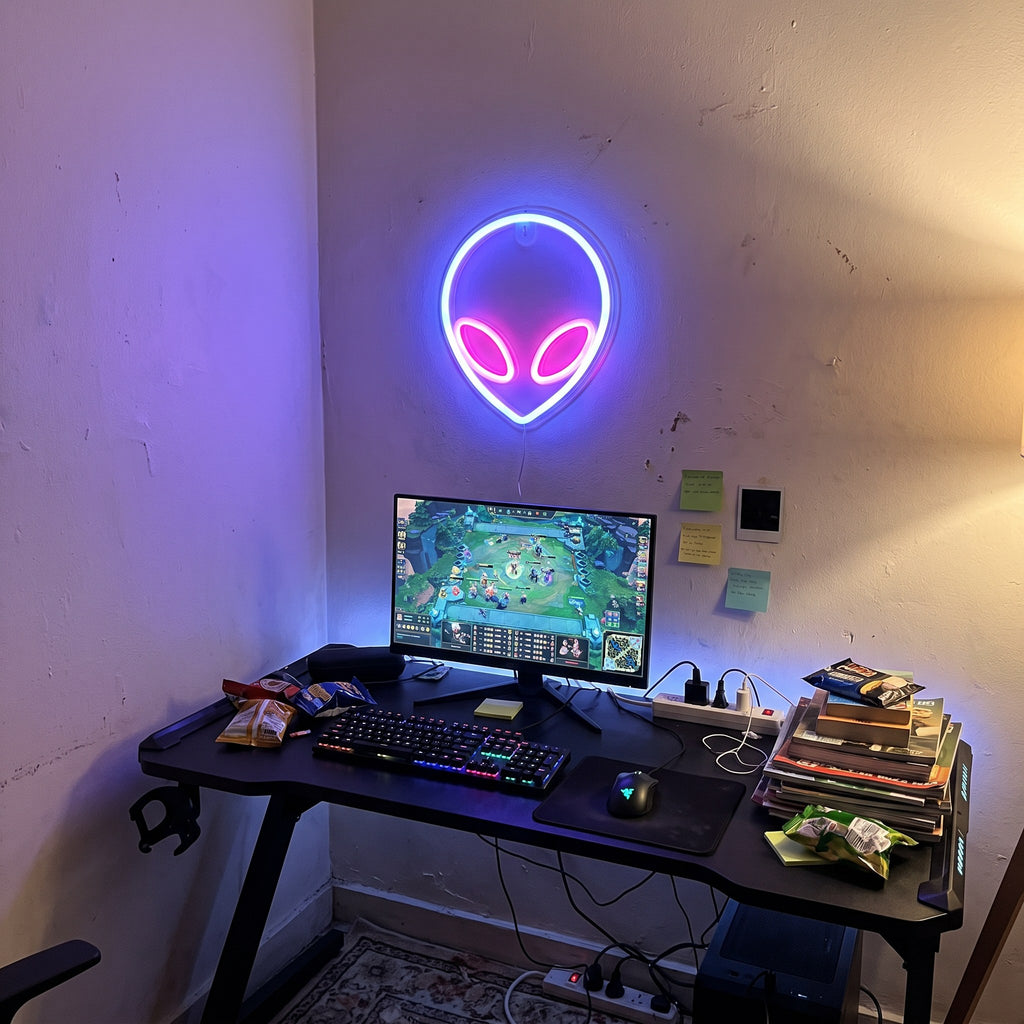 Y2K Alien Neon Sign styled in a lived-in Y2K room