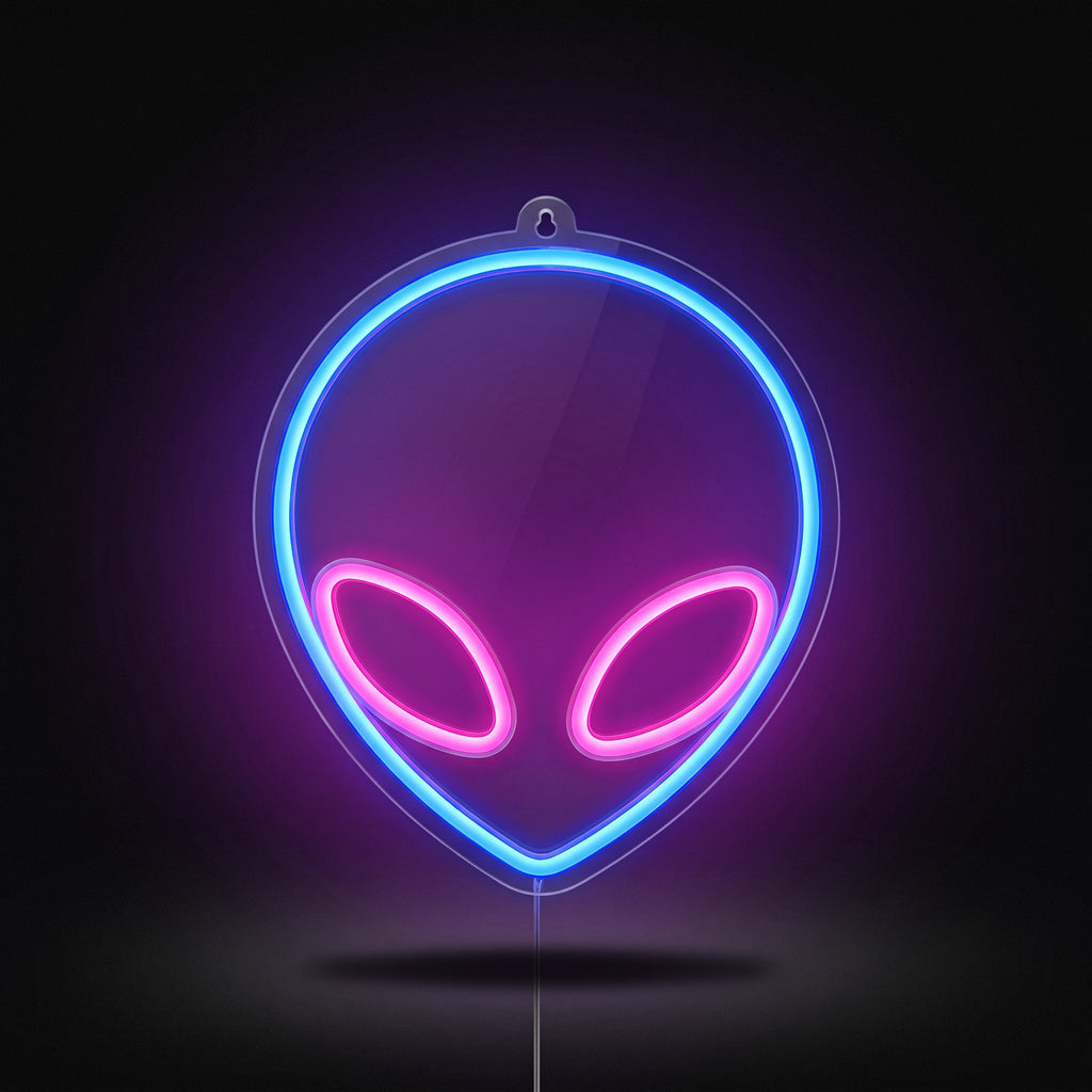 Y2K Alien Neon Sign – studio product shot on dark background with purple glow