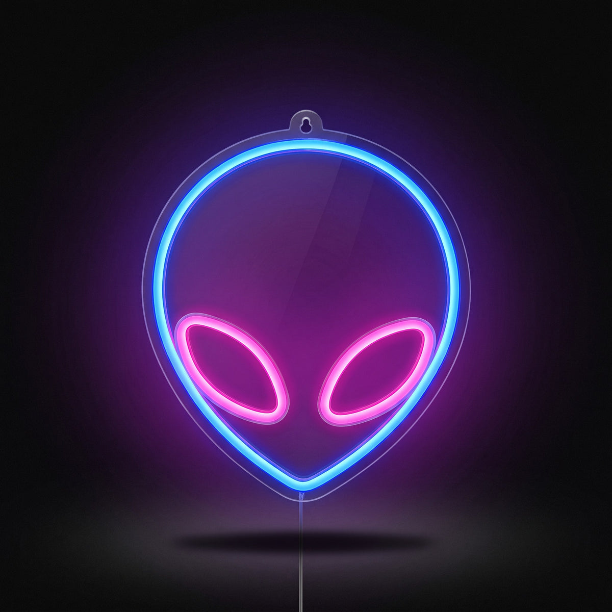 Y2K Alien Neon Sign – studio product shot on dark background with purple glow