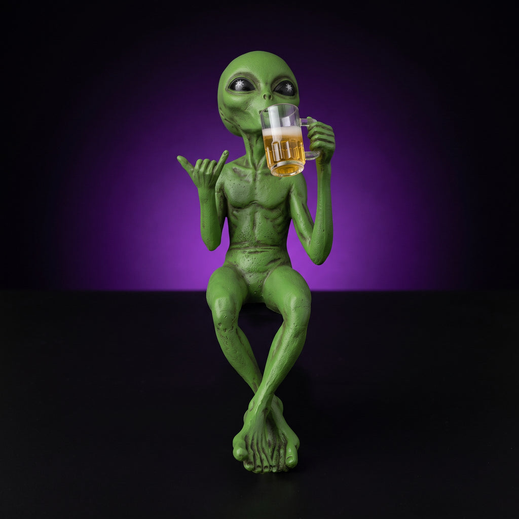 Y2K Alien Statue – studio product shot on dark background with purple glow