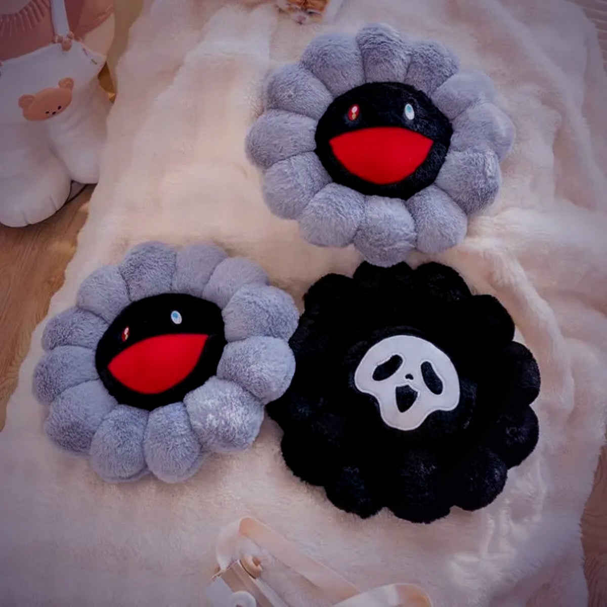 Y2K Dark Flower Pillow in a lived-in room