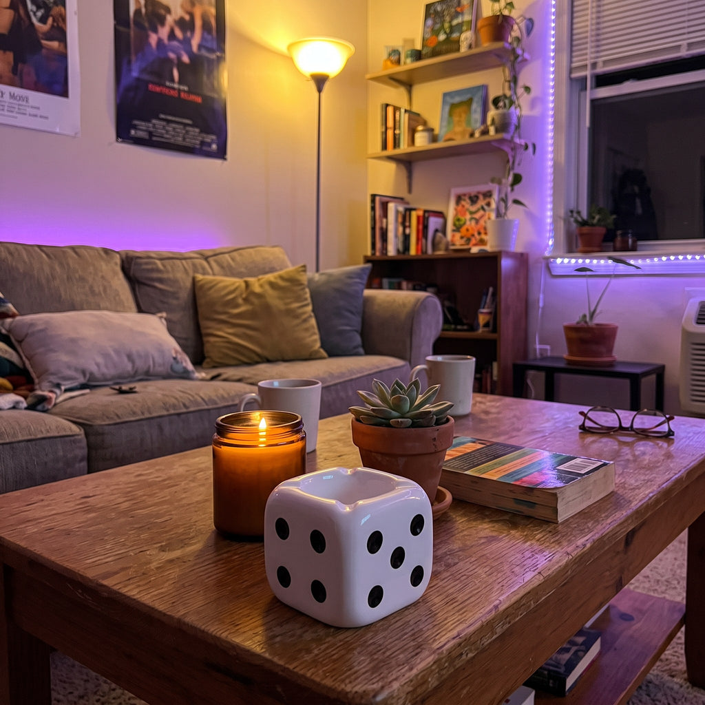 Y2K Dice Ashtray on a coffee table in a lived-in Y2K living room