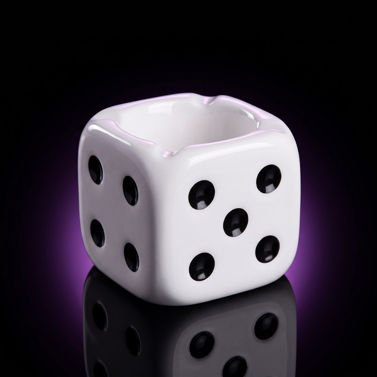 Y2K Dice Ashtray – studio product shot on dark background with purple glow