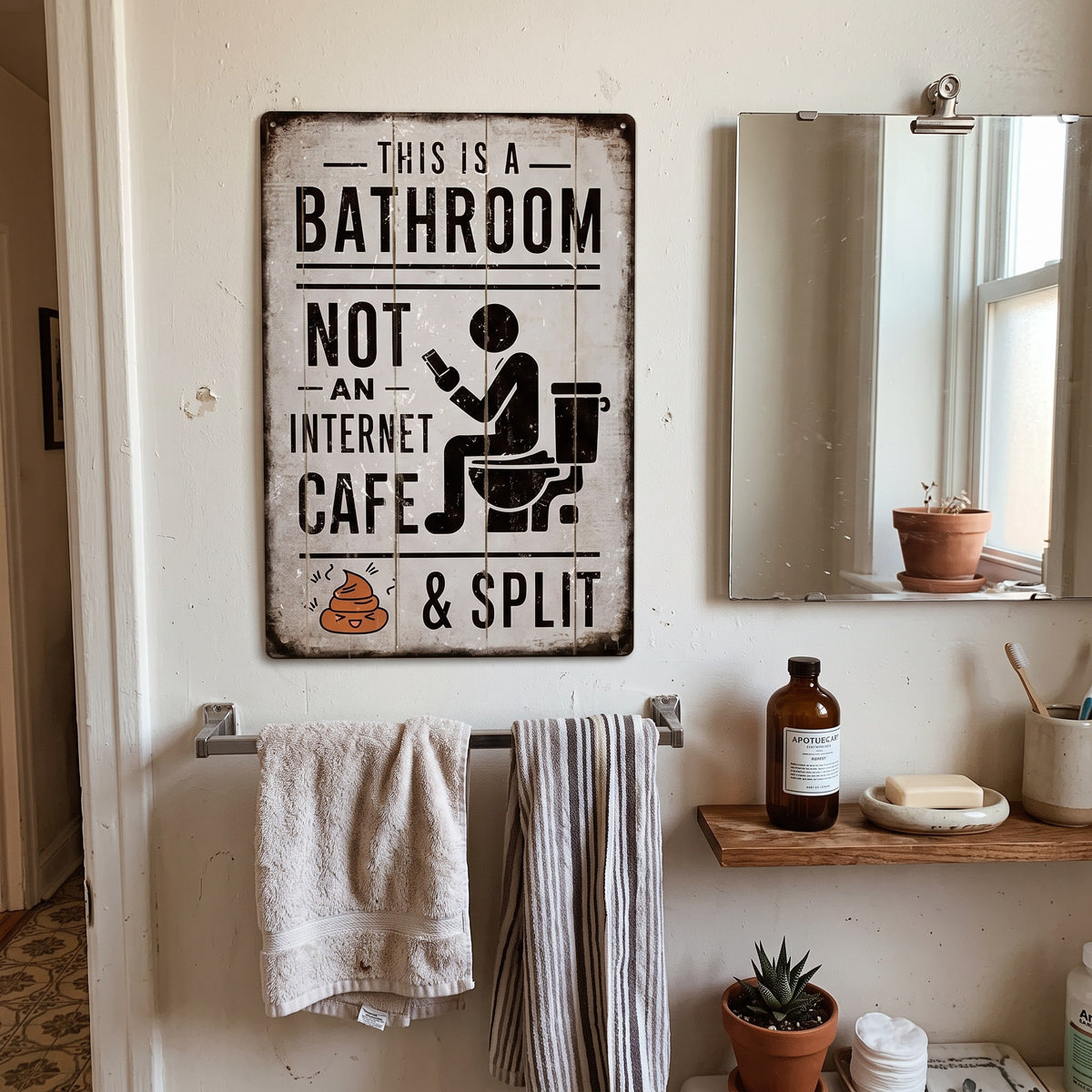 Y2K Funny Bathroom Sign styled in a lived-in Y2K room