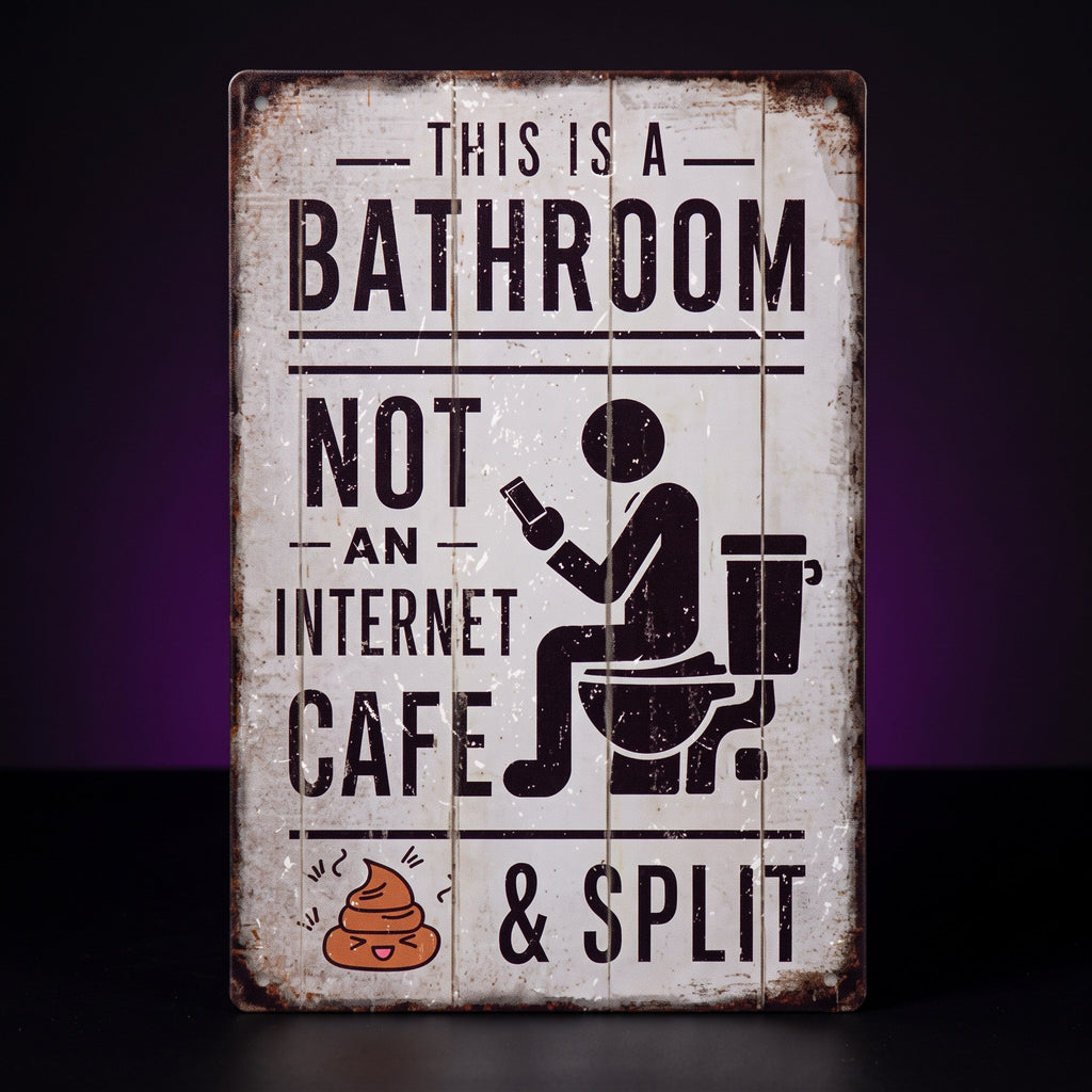 Y2K Funny Bathroom Sign – studio product shot on dark background with purple glow