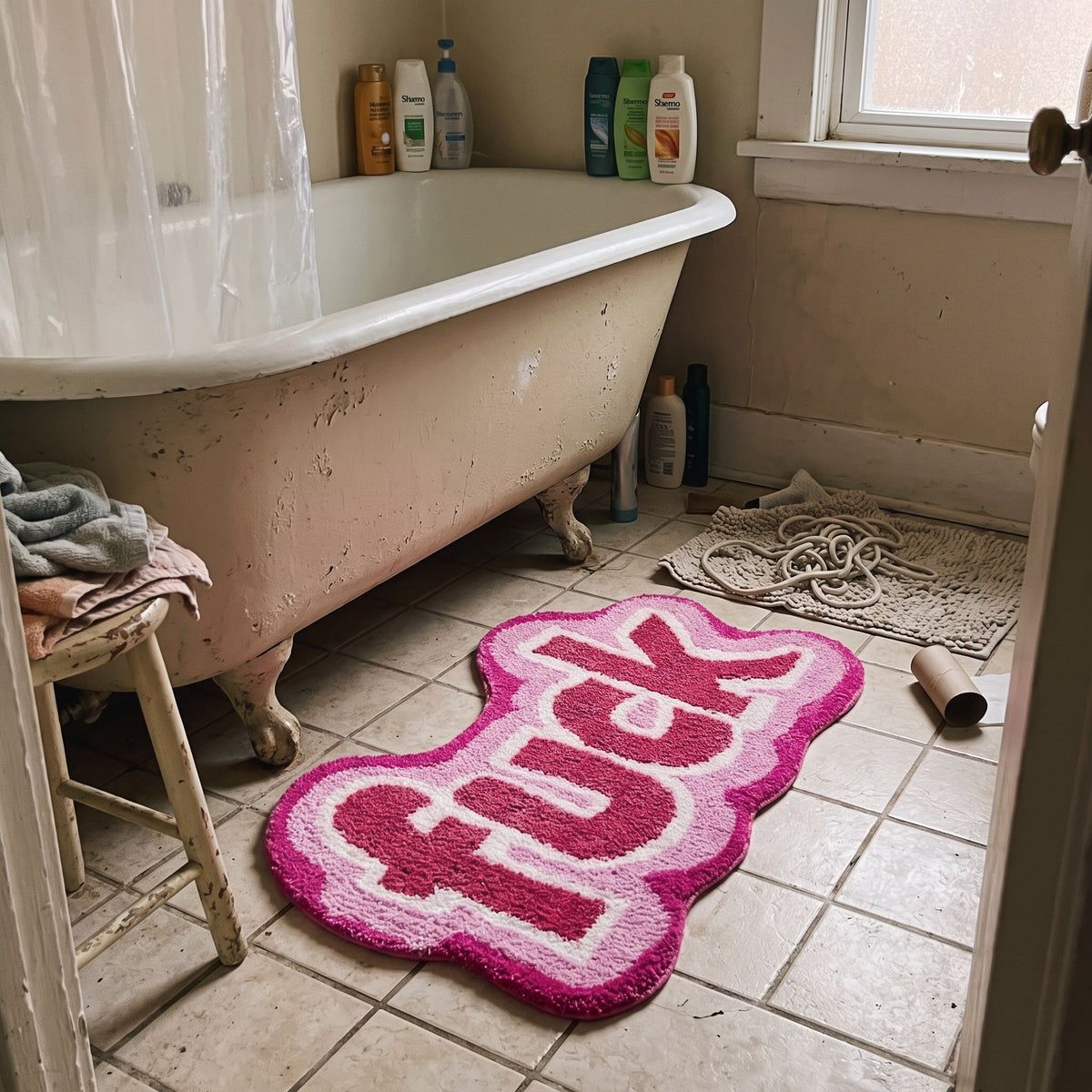 Y2K Funny Shaggy Rug styled in a lived-in Y2K room