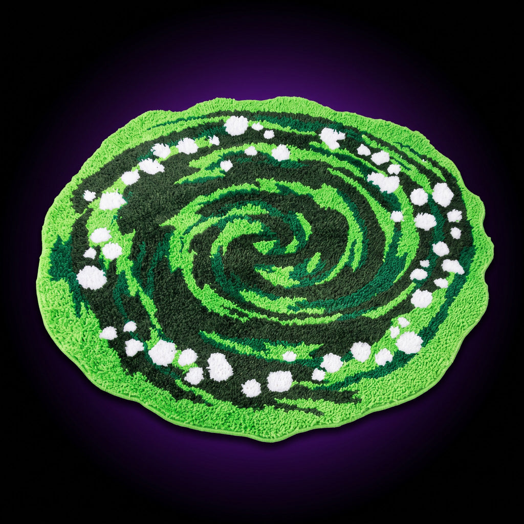 Y2K Green Swirl Portal Rug – studio product shot on dark background with purple glow