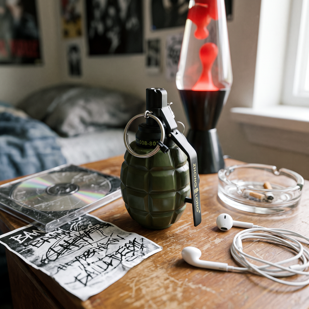 Grenade Lighter styled in a lived-in Y2K room