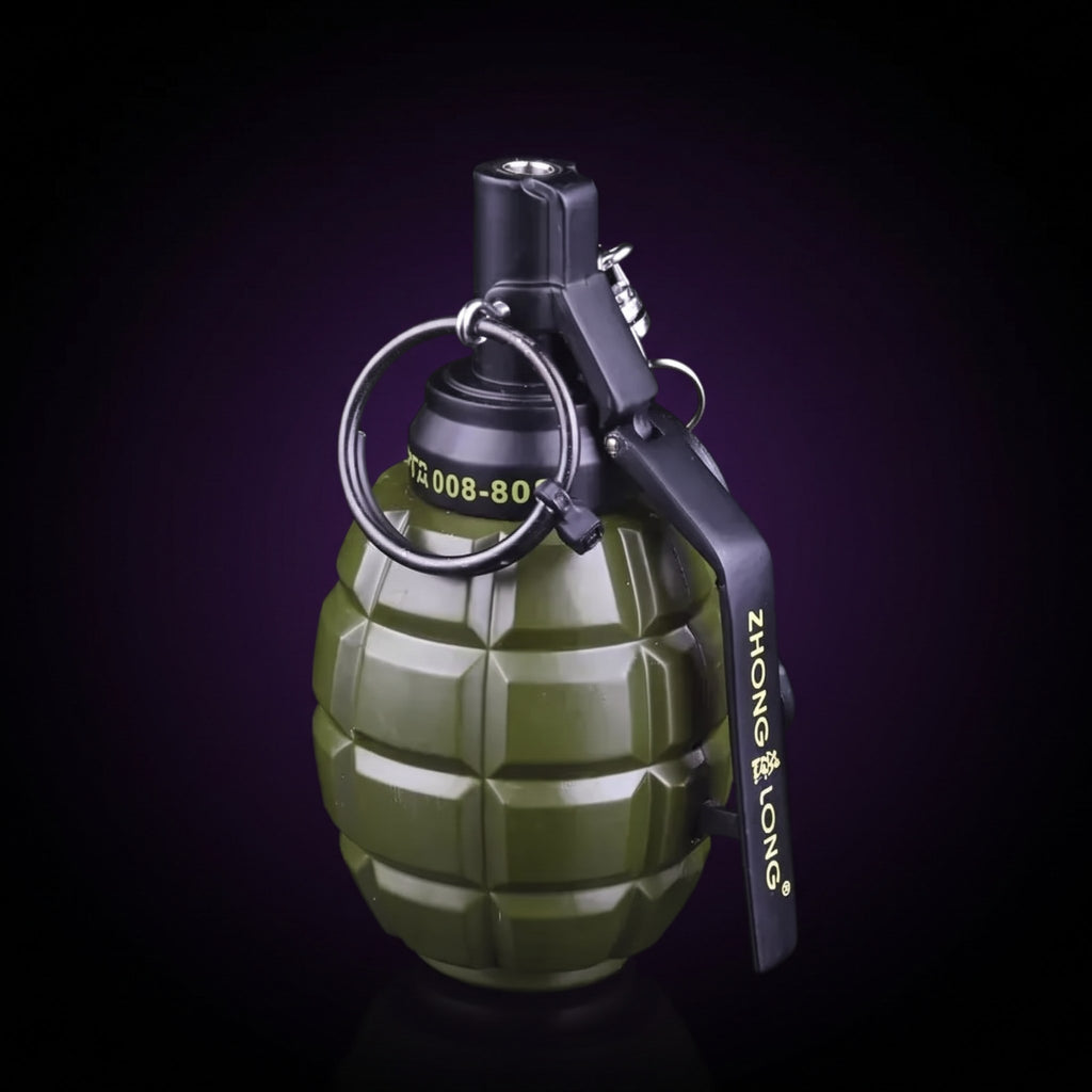 Y2K Grenade Lighter – studio product shot on dark background with purple glow