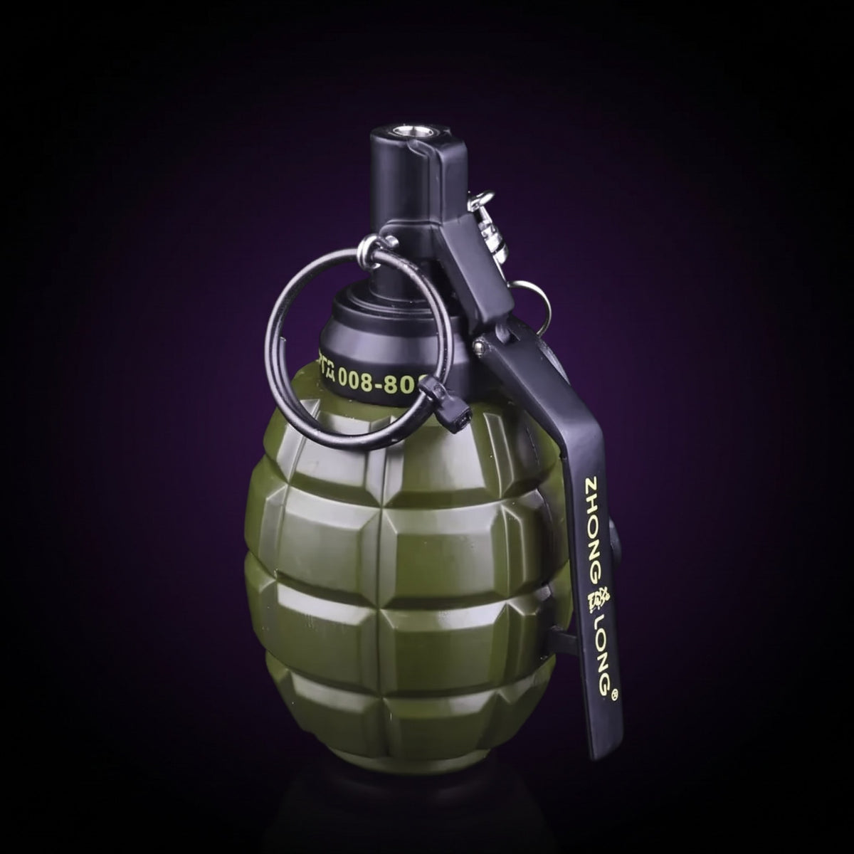 Y2K Grenade Lighter – studio product shot on dark background with purple glow