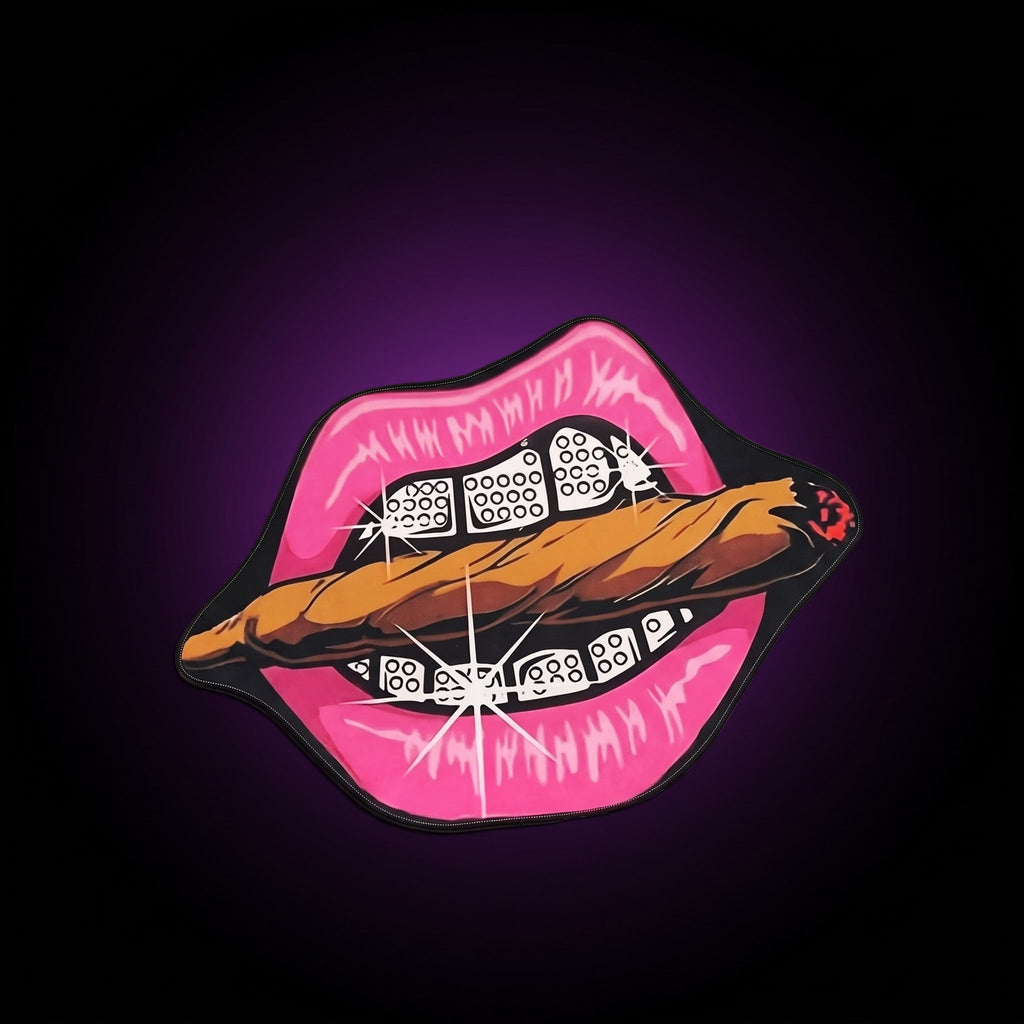 Y2K Lip Rug – studio product shot on dark background with purple glow