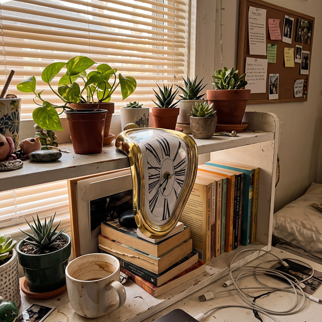 Y2K Melting Clock styled in a lived-in Y2K room