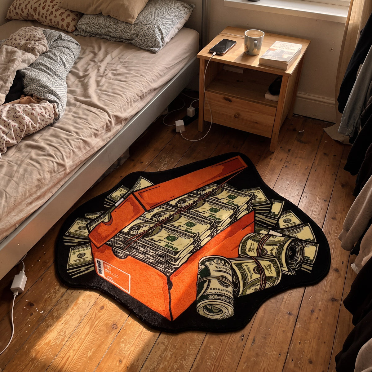 Y2K Money Rug styled in a lived-in Y2K room