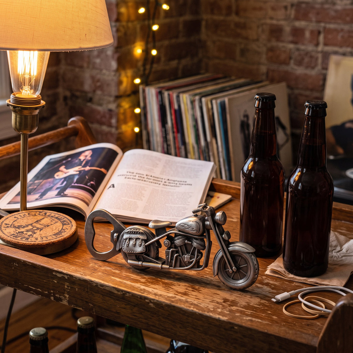 Y2K Motorcycle Bottle Opener styled in a lived-in Y2K room