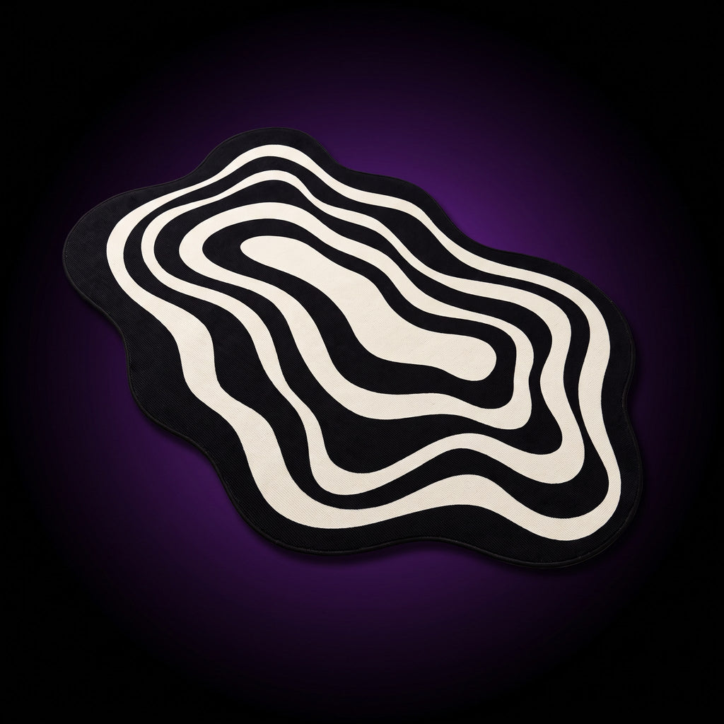 Y2K Mesmerize Optical Illusion Rug – studio product shot on dark background with purple glow