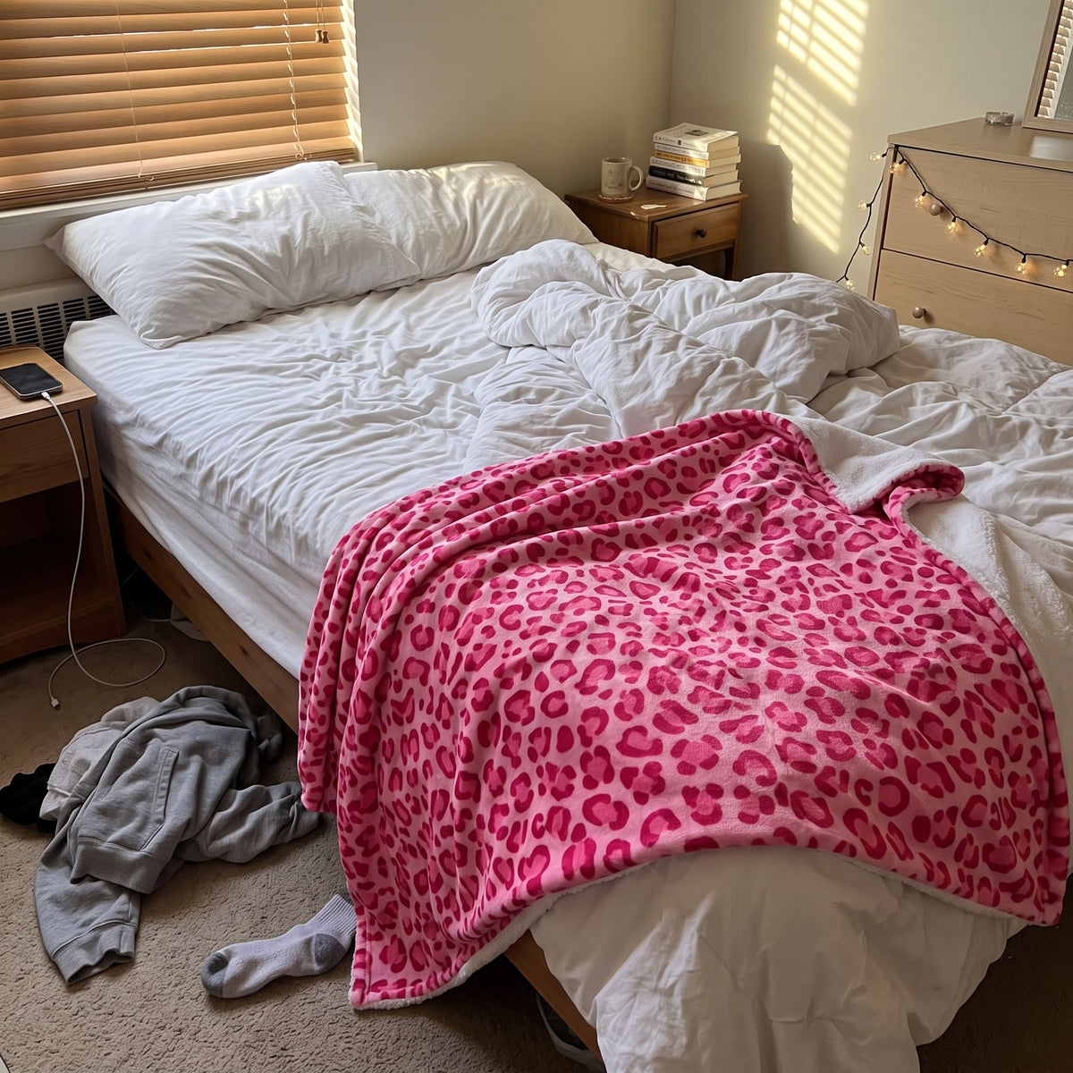 Y2K Pink Leopard Print Blanket styled in a lived-in Y2K room
