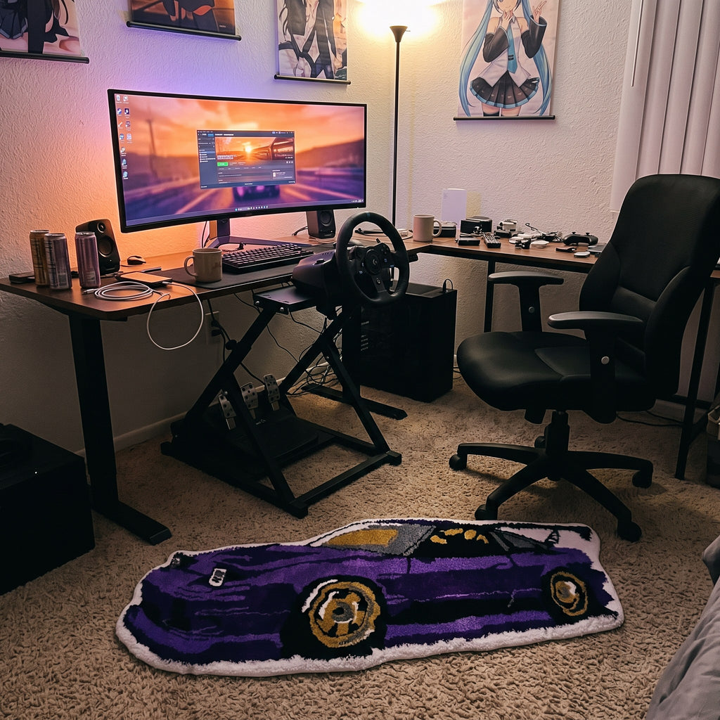 Y2K Race Car Rug styled in a lived-in Y2K room