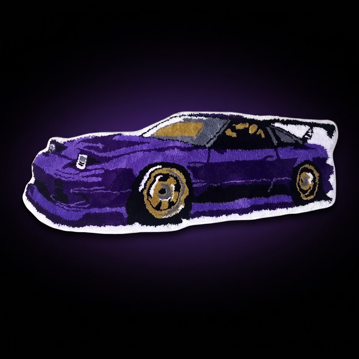 Y2K Race Car Rug – studio product shot on dark background with purple glow