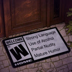 Y2K Rated M Rug at a front door