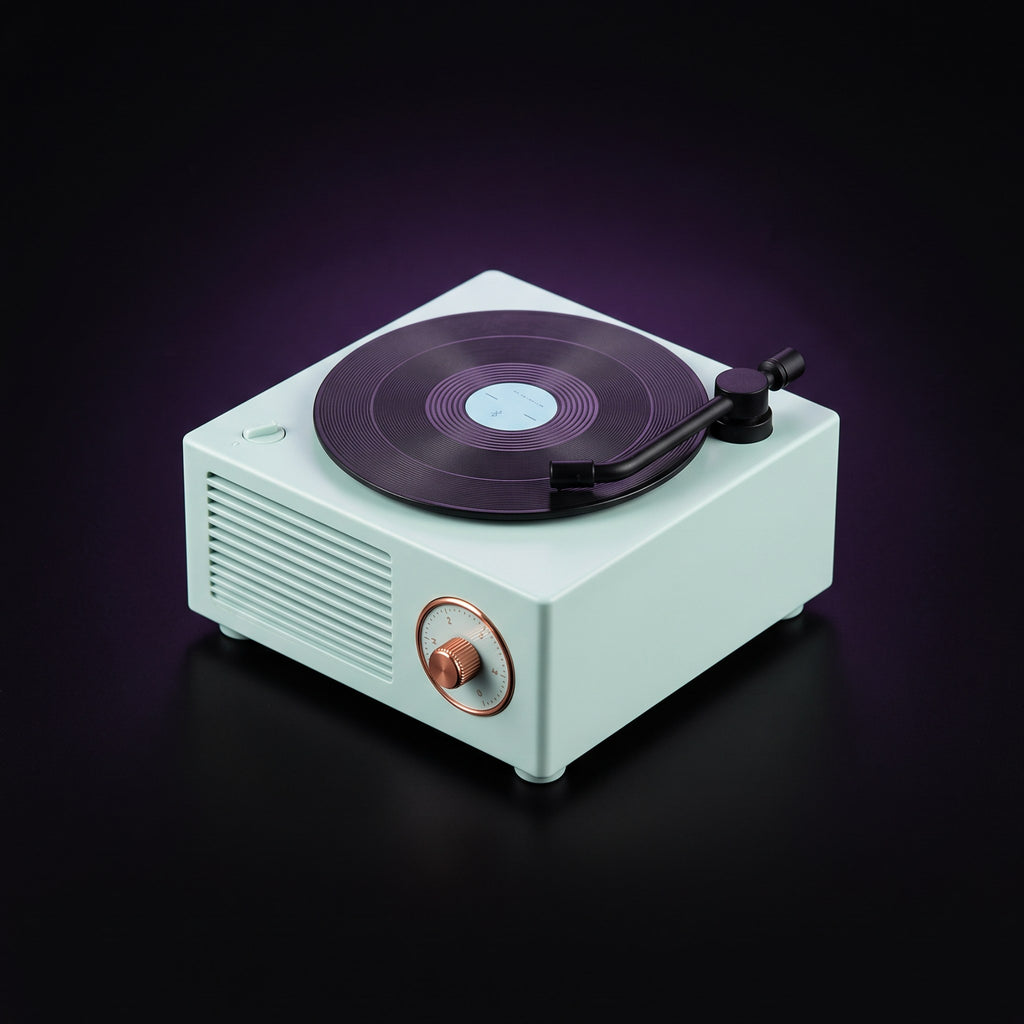 Y2K Record Player Bluetooth Speaker – studio product shot on dark background with purple glow