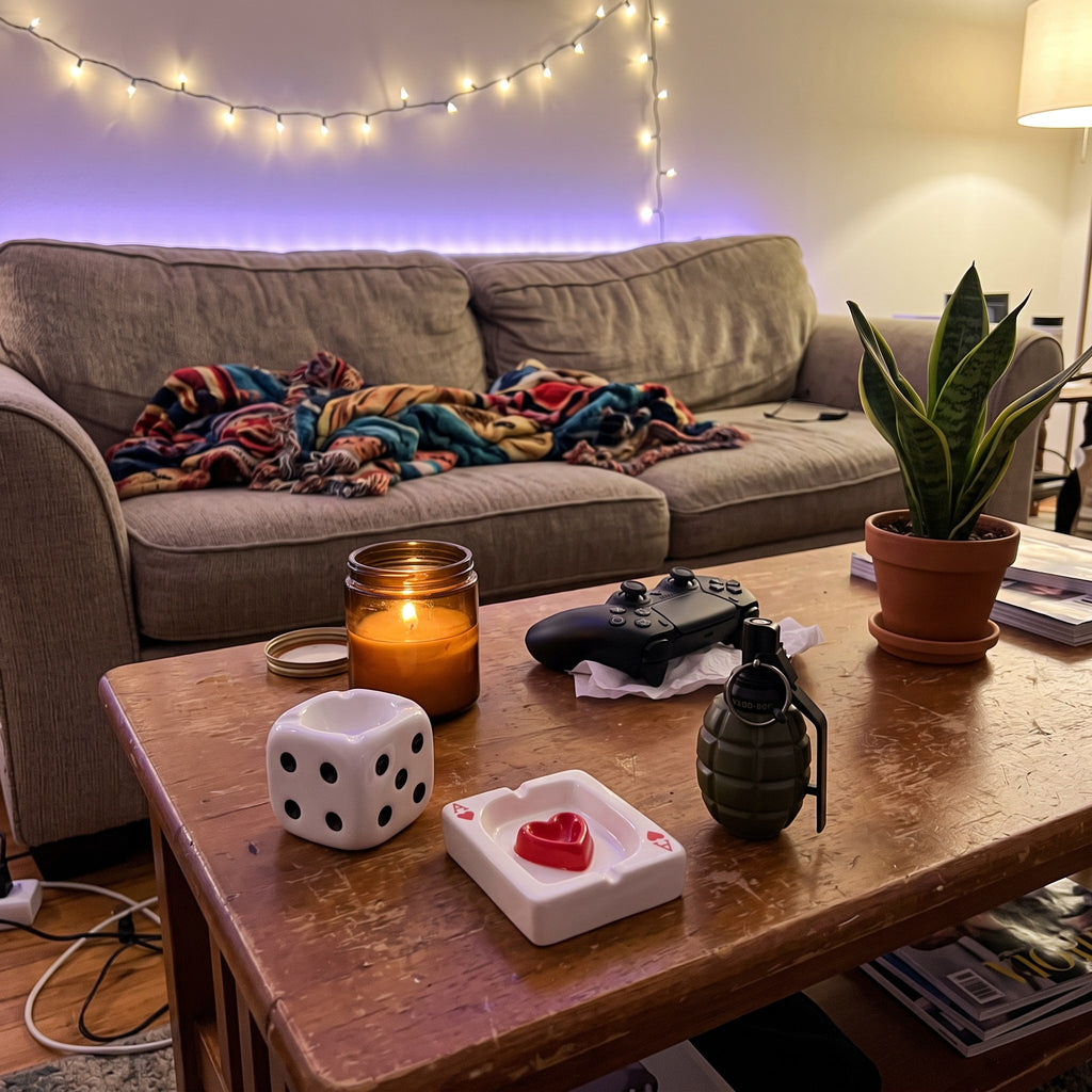Y2K Smoke Sesh Bundle on a coffee table in a lived-in living room