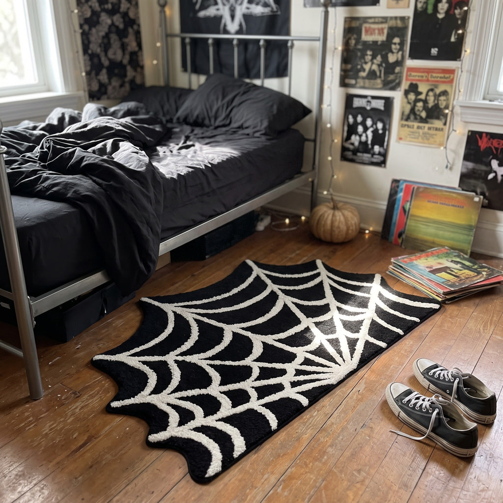 Y2K Spider Web Rug styled in a lived-in Y2K room