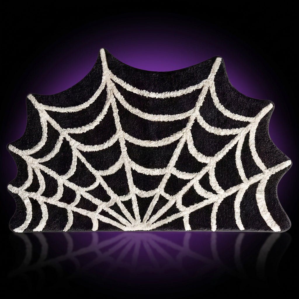 Y2K Spider Web Rug – studio product shot on dark background with purple glow