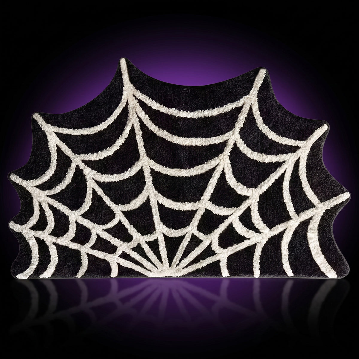Y2K Spider Web Rug – studio product shot on dark background with purple glow