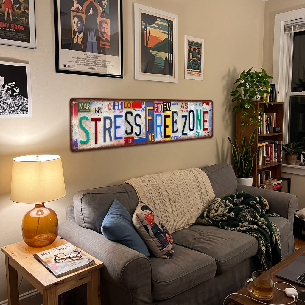 Y2K Stress Free Zone Sign styled in a lived-in Y2K room