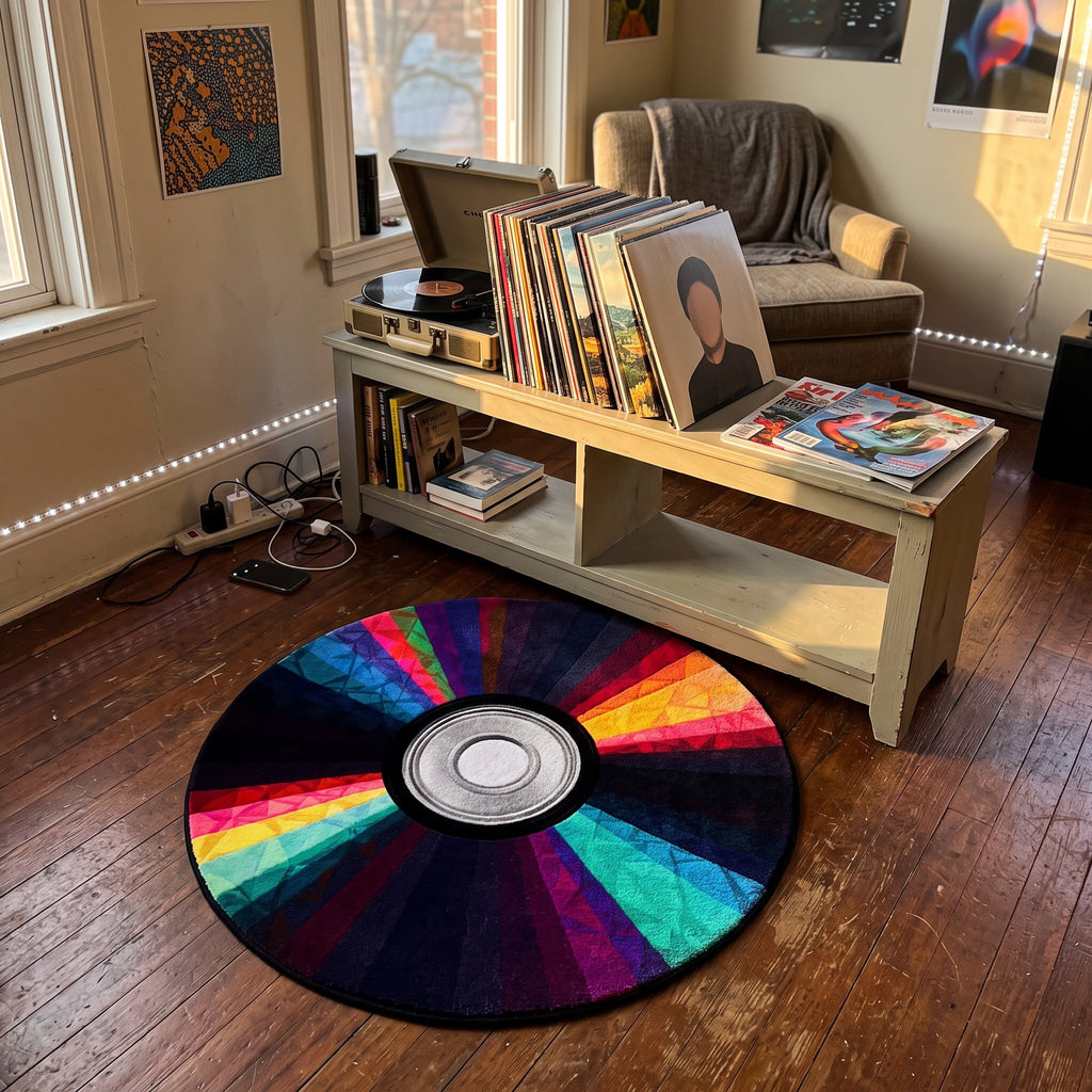 Y2K Vinyl Record Rug styled in a lived-in Y2K room