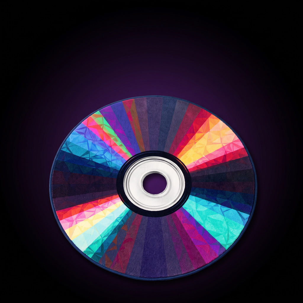 Y2K Vinyl Record Rug – studio product shot on dark background with purple glow