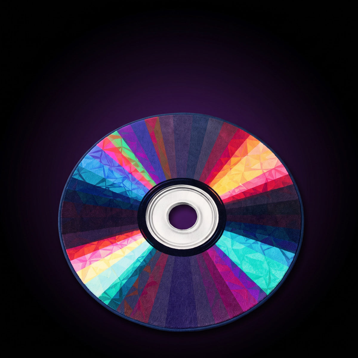 Y2K Vinyl Record Rug – studio product shot on dark background with purple glow