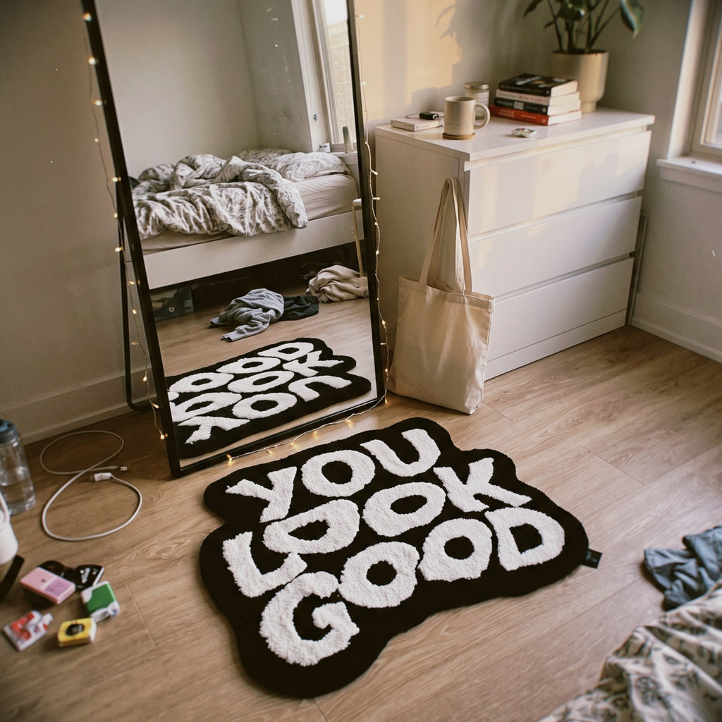 Y2K You Look Good Rug styled in a lived-in Y2K room