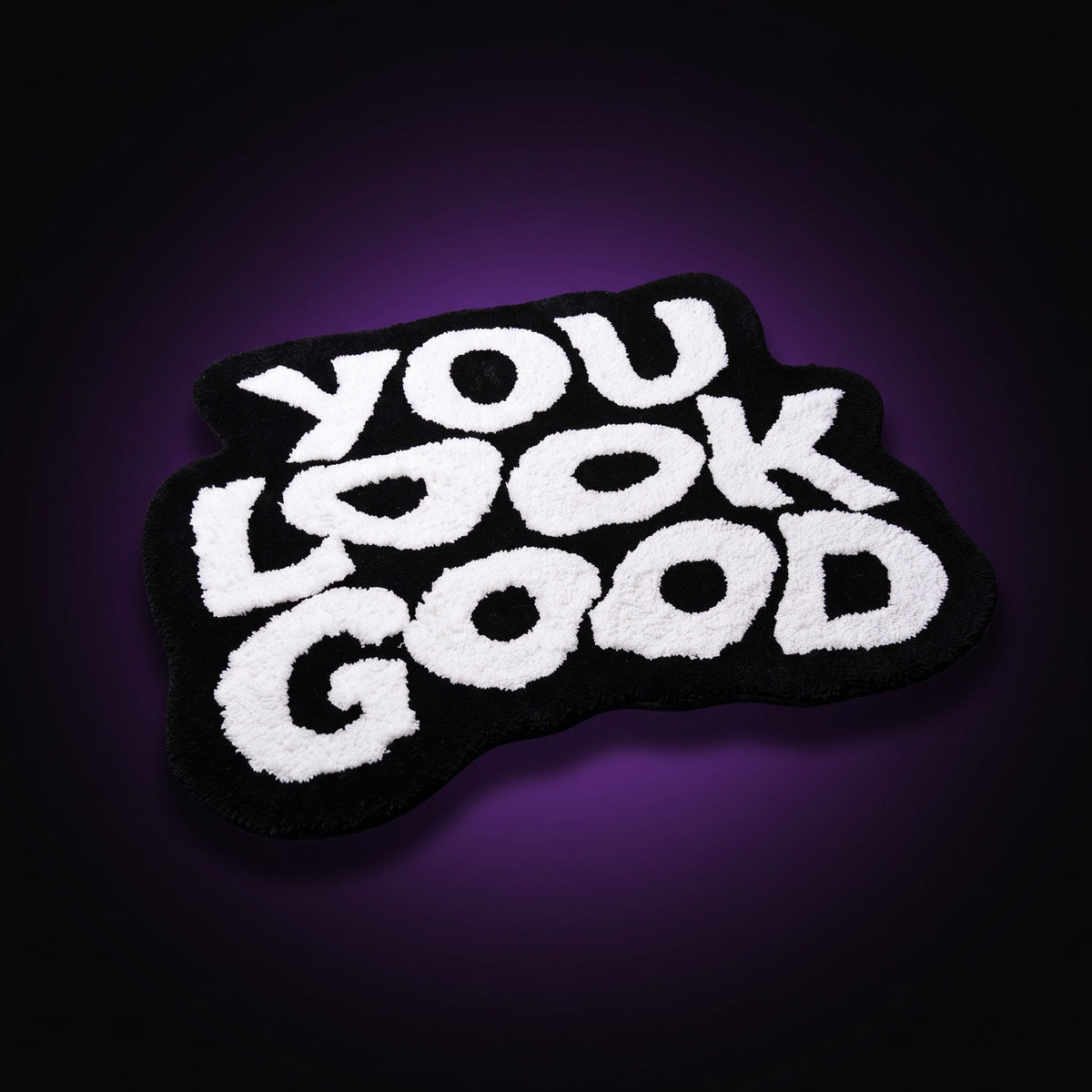 Y2K You Look Good Rug – studio product shot on dark background with purple glow